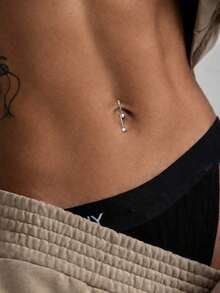 FOREVER QUEEN 1PC S925 Sterling Silver Glittering Bead Belly Button Ring - Elegant And Sexy Long-Style Belly Button Accessory - Single - View 5