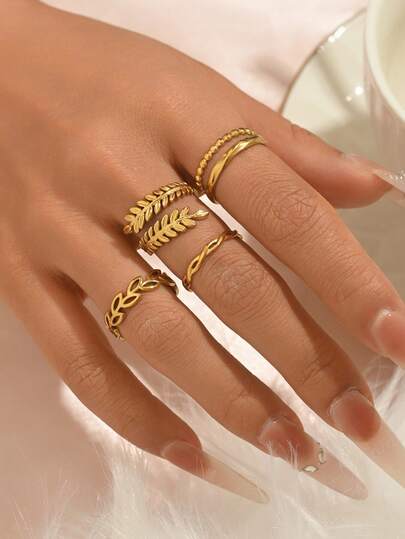 4 piezas de anillos abiertos con diseño de hoja de olivo al estilo de Oriente Medio para mujeres, joyería casual diaria con línea asimétrica