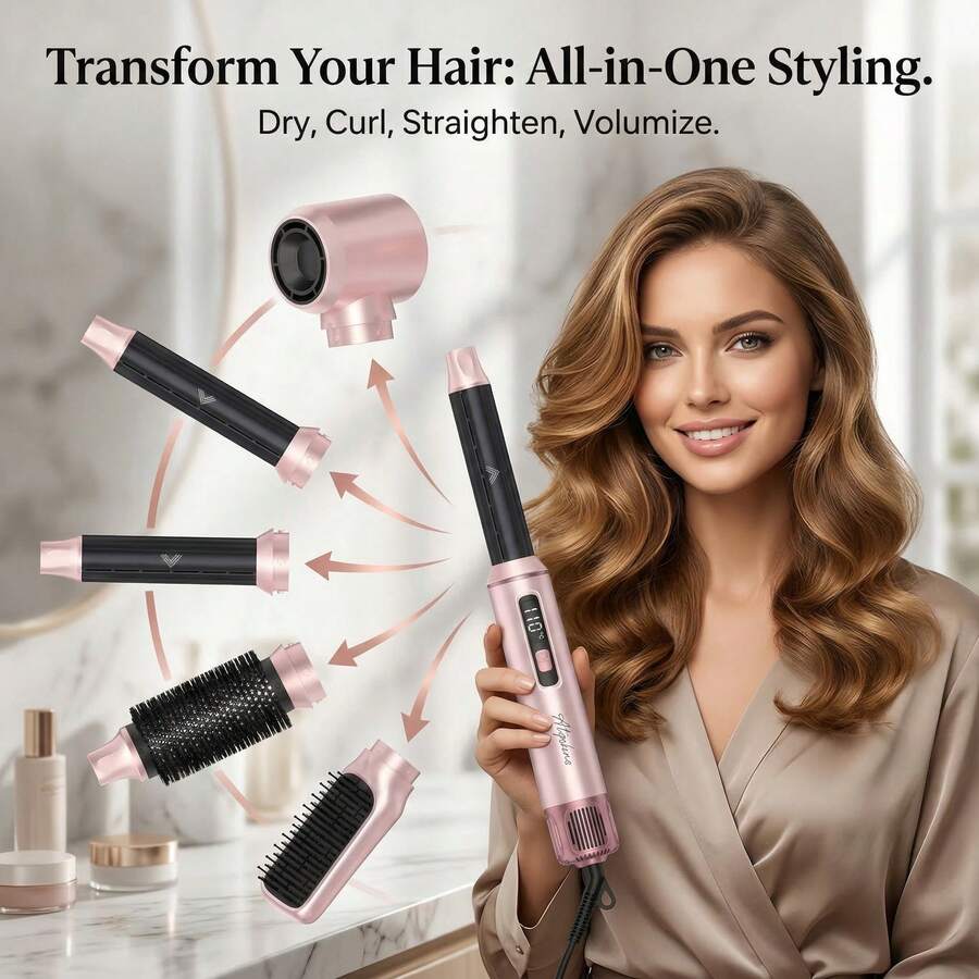 五合一女士热风造型器，离子吹风梳，带液晶显示屏，3档温度设置，卷发配件，防毛躁吹风梳 - 粉色 - 查看 1