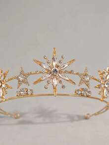 1件优雅奢华五角星女王水钻皇冠，新娘婚礼头饰，派对配饰 - 金色 - 查看 6