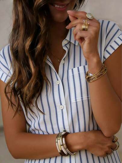 Women's Collegiate Striped Front Button Short Batwing Sleeve Shirt, Polyester Stand Collar Top With Pockets, Regular Length Casual Blouse Summer