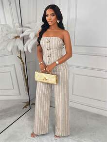 Amarilo 女士蓝白条纹无肩带两件套：前拉链背心 + 阔腿裤，夏季海滩度假 - 卡其色白條 - 查看 1