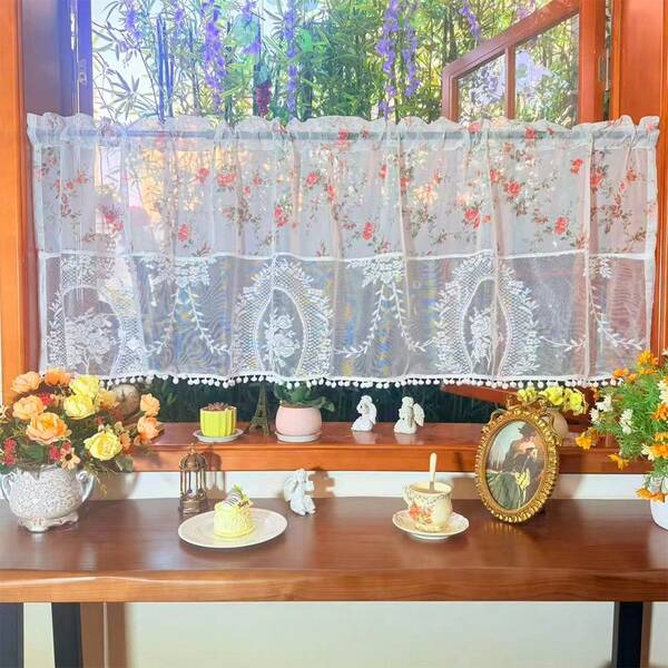 Cortina media francesa retro con encaje y estampado floral, cortina de cocina/cafetería, transparente pero no se ve a través, cortina corta para ventana, sin necesidad de barra de perforación para colgar