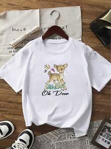 Women's Summer Short Sleeve Graphic T-Shirt, White Deer Animal Print Top, New Fashion - White - View 2