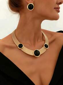 2pcs Set Vintage Luxury High-End Plated Alloy Snake Bone Chain Texture Faux Black Agate Round Gemstone Necklace & Earrings Set, Suitable For Party, Formal Occasion, And Daily Commute - Golden Yellow+Black - View 5