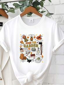 Women T-Shirt Print Over The Halloween Garden Wall, Pumpkin Fall Thanksgiving T-Shirt - 白色 - 查看 6