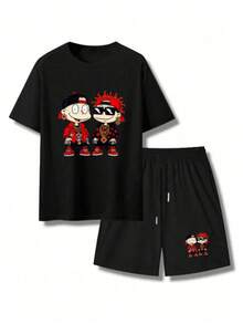 Men's Cute Graphic Print Casual Round Neck T-Shirt & Shorts Set, Summer, Cozy Outfits - Black - View 2