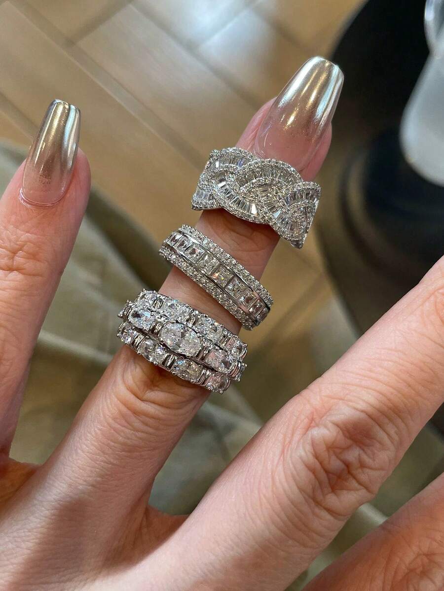 Set Cincin Tembaga Salib Geometris Zirkonia Kubik Mewah 3 Buah, Cocok untuk Acara Jamuan dan Pesta Wanita