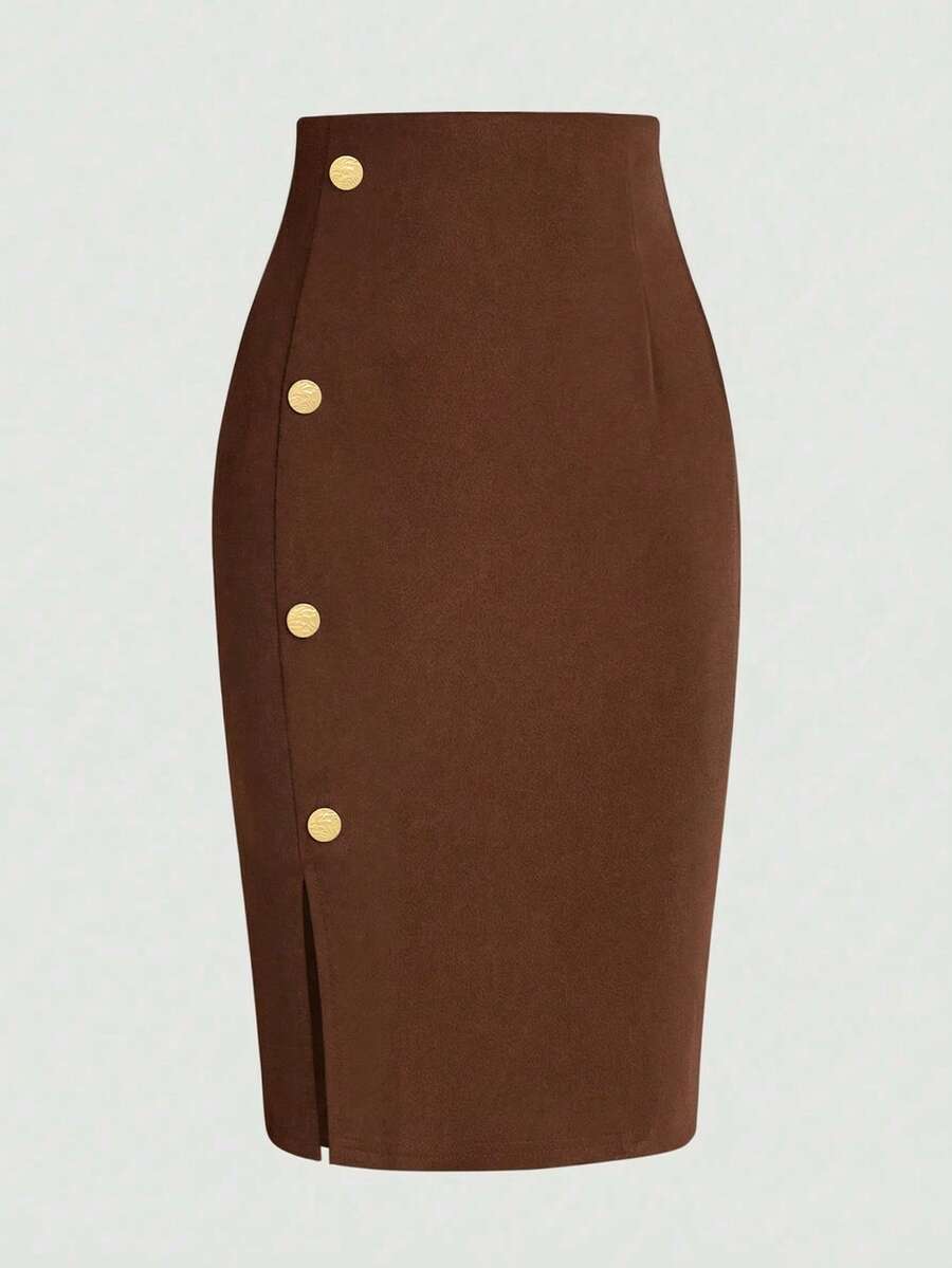 Women's Solid Color Button Design Pencil Elegant Mini Skirt Spring - Brown - View 1