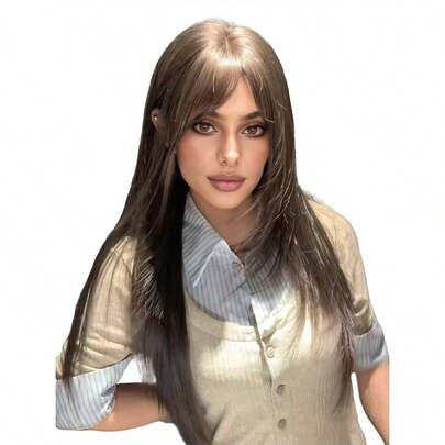 30-Inch Long Synthetic Wig Featuring A Natural Straight Style A Stunning Coffee Brown. Designed With Bangs , It Is Crafted From Heat-Resistant Fiber To Ensure Durability. This False Hairpiece Is Perfect For Daily Use, Offering A Natural And Realistic Appearance That Mimics.