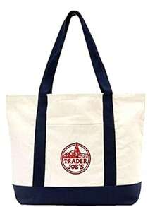 Trader Joe Large Tote Shopping Bag Cotton Canvas Embroidered Bag - 深藍色 - 查看 4