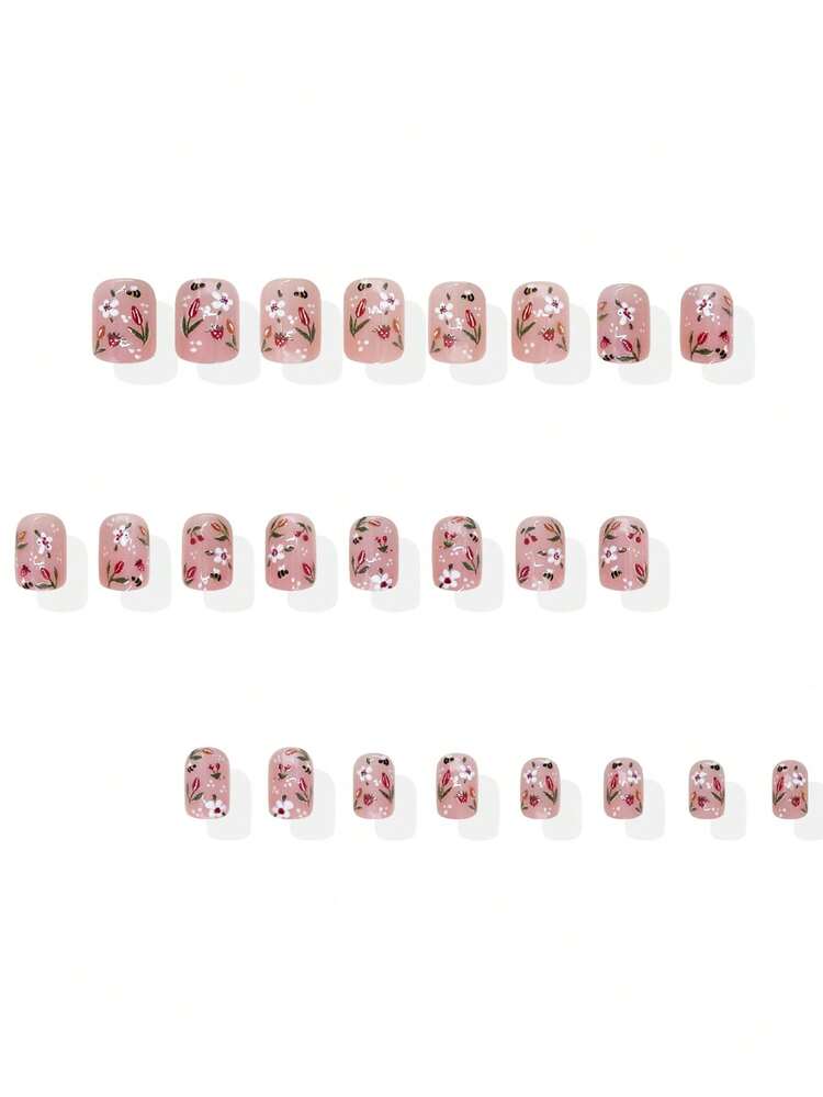 Elevate Your Style,24Pcs Short Square Full Coverage Glossy False Nails For Women,Little Flower Bee Doodle Design Nail Art,Simple, Romantic, Cute, Stylish, And Youthful Press On Nails,Suitable For Spring And Summer Wear - Multicolor - View 3