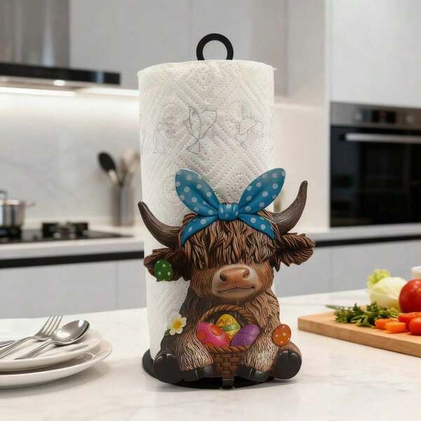 Cast Iron Highland Cow Shaped Tissue Box Holder, Kitchen Paper Towel Rack - Highland Cow Paper Towel Holder - Countertop Mounted Roll Paper Holder + Dishcloth Rack, No Installation Required, Suitable For Kitchen/Bathroom/Living Room/Dining Room