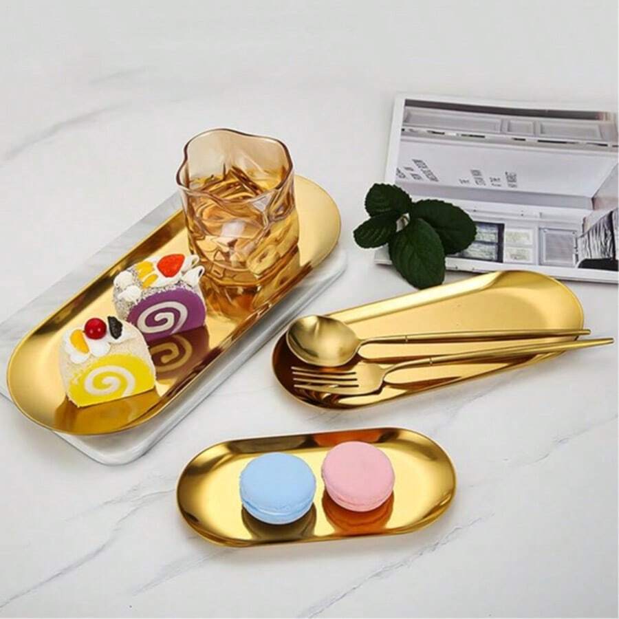 Oval-Shaped Metal Tray (Gold), Easter Gold Plate, Fruit Plate, Dessert Plate, Snack Plate, Salad Plate, Cake Plate, Suitable For Restaurant, Kitchen, Dining Table, Easter