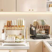 1 Set Escurridor de platos de metal de doble nivel con soporte para cubiertos, estante para tazas y bandeja de goteo, sin necesidad de perforar, ahorra espacio, resistente a la oxidación, organizador de almacenamiento de cocina resistente y duradero, fácil de limpiar, sostiene platos, tazas y utensilios - Multicolor - Ver 4