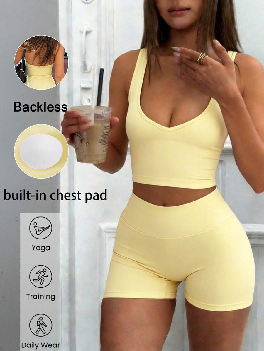 Women's Sexy V-Neck Camisole Top And High Waist Shorts Set, Suitable For Yoga, Fitness, Running, Pilates And Gym - 黃色 - 查看 1
