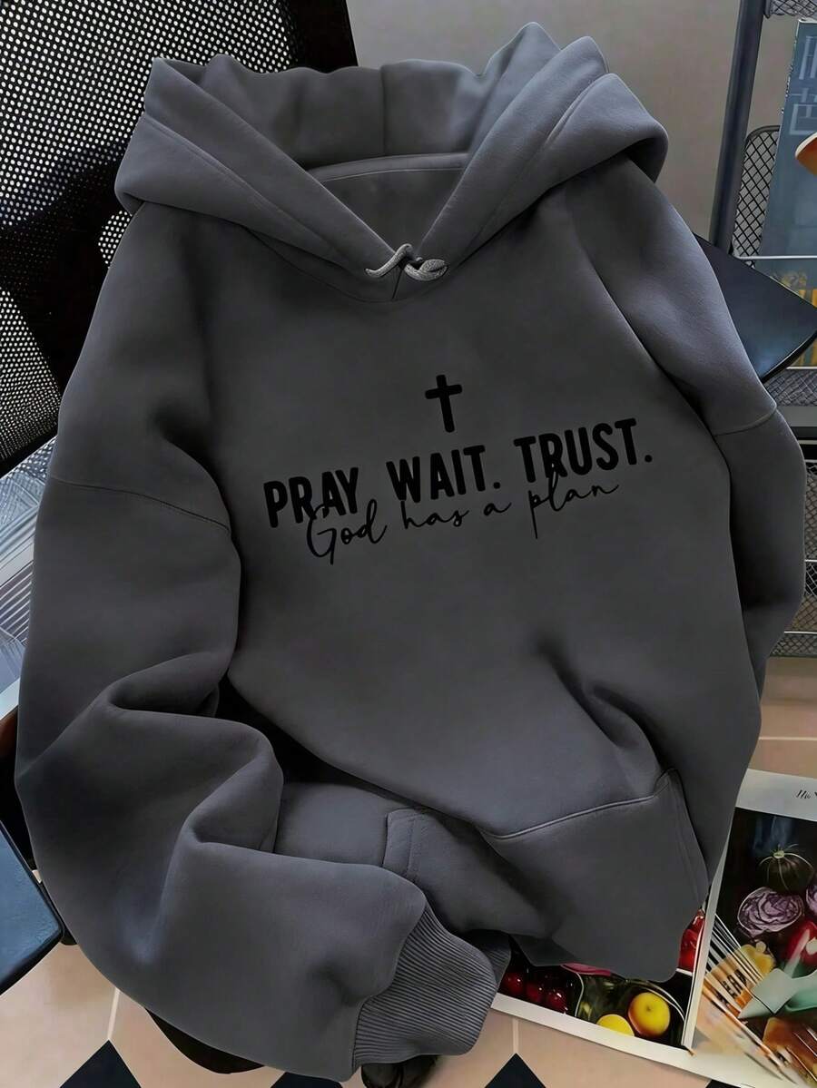 HoodiesLetter Retro Retro English Back To School Season PRAY WAIT TRUST GOD HAS A PLAN Back To School Women Fits Women's Casual Hoodies-Autumn/Winter New Arrival: Long-Sleeve Hooded Sweatshirt For Men And Women-F91Loose And Comfortablewinter Clothes For Womenchristmas Outfit Women;Winter Clothes For Women; Holiday Shopping Daily Wear Pullover Hoodie - Màu xám đen - Xem 1