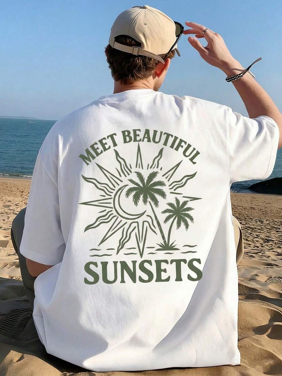 FRACTYR Men's Summer Casual Street Fashion Loose Coconut Tree Graffiti Retro Double-Sided Print Round Neck Short Sleeve Leisure T-Shirt - White - View 1