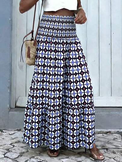 New High Waist Elastic Pleated Mid-Length Skirt, Bohemian Style Purple-Brown Geometric Color Block Print. This Vacation-Style Multi-Layer Mid-Length Skirt Is Suitable For Daily Outings, Beach Vacations, Beaches And Sunbathing. Summer