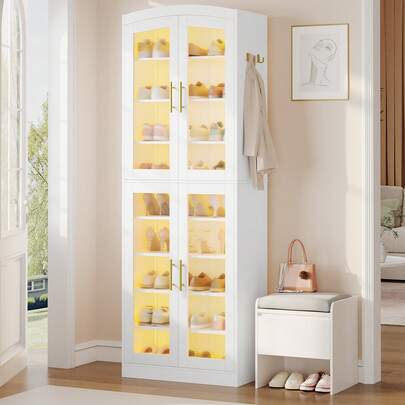 HEXCELEN 9 Tier Shoe Storage Cabinet With Glass Doors & LED Lights, Modern Tall Shoe Cabinet With Adjustable Shelves, 27-31 Pairs, Freestanding Shoes Organizer For Entryway, Hallway, White