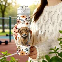 1pc/5pcs 750ml Bohemian Highland Cow Floral Print Water Bottle - Reusable Travel Cup, Portable Sports Water Bottle, Leak-Proof Travel Cup, Fashionable Daily Drinking Bottle, Cute Animal And Wildflower Pattern Cute Style Farm Ranch Iced Coffee - Brown-bohemian Highland Cattle - View 5