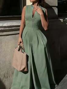 Women's Summer Solid Color Front Zipper Waist Pleated Jumpsuit Elegant - Dark Green - View 1