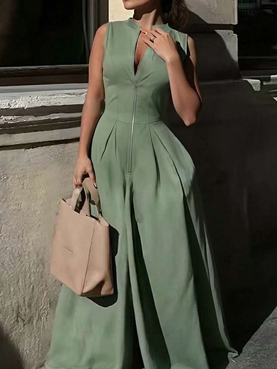 Women's Summer Solid Color Front Zipper Waist Pleated Jumpsuit Elegant - Dark Green - View 1