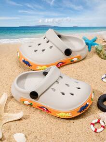 1 Pair Baby Boys' Cute Dinosaur Cartoon Beach Sandals, Comfortable Casual Lightweight Slip-On Breathable Slippers, Spring/Summer - Grey - View 1