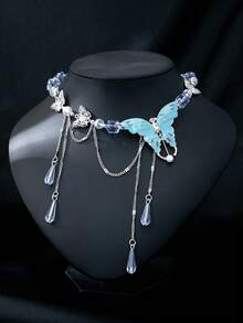 一款时尚朋克复古风个性化蓝色蝴蝶珍珠流苏珐琅项链，适合女性日常佩戴 - 彩色 - 查看 3