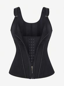 Black Zipper Shapewear Top, Tummy Control Waist Trainer Adjustable Strap Corset Bustier Vest - Black - View 2