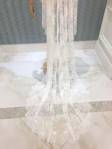 1pc Elegant French Lace Long Soft Bridal Veil With Comb, Vintage Wedding Accessory, Ivory - Ivory - View 4