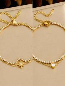 1Pc New Minimalist Versatile Octagram Heart Pendant Full Diamond Chain Stainless Steel Double Layer Bracelet - Gold - View 1