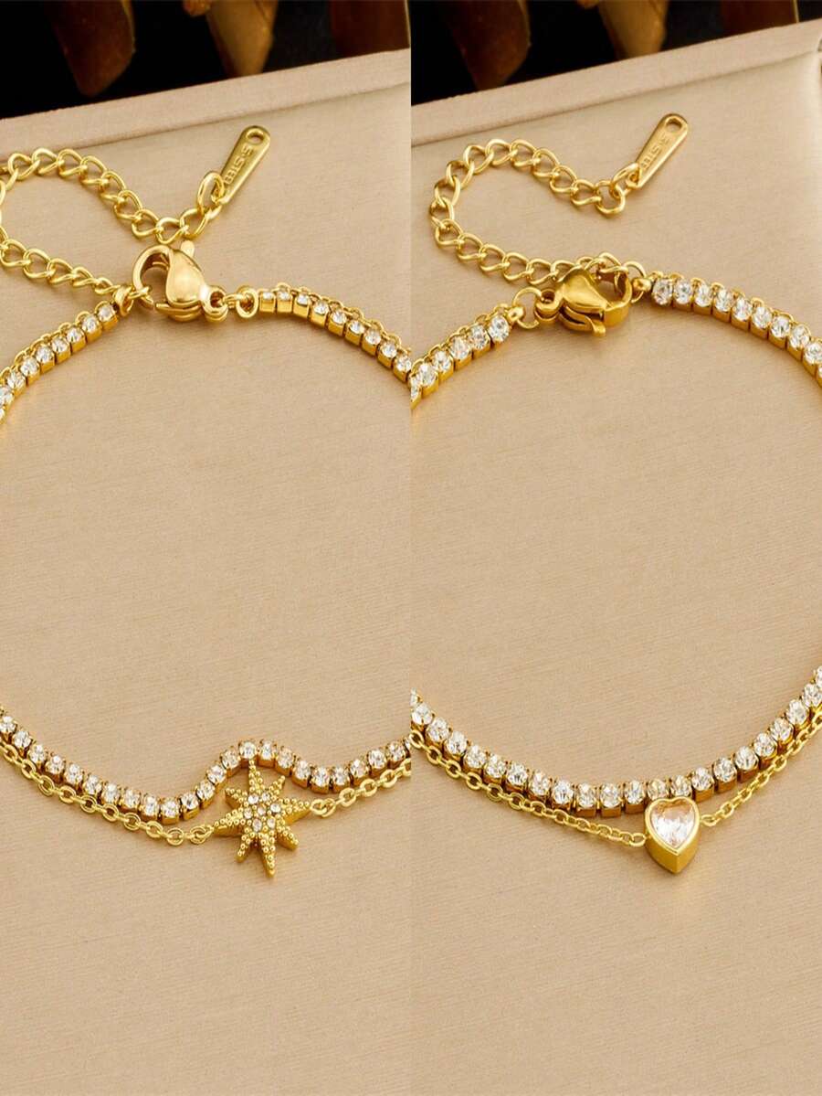 1Pc New Minimalist Versatile Octagram Heart Pendant Full Diamond Chain Stainless Steel Double Layer Bracelet - Gold - View 1