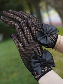 1 双儿童蕾丝镂空蝴蝶结公主手套（适用于派对、节日活动） - 黑色 - 查看 4