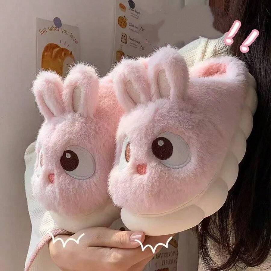 1 Pair Rabbit Plush Slippers For Women, Warm And Comfortable, Suitable For Casual Wear In Autumn/Winter, New Elegant Ladies' House Shoes, Low Heel, Simple Round Toe, Winter Warm Accessories, Cute Plush Slippers, Ideal New Year/Valentine's Day Gift, Couple Slippers - Multicolor - View 1