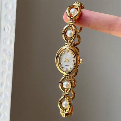 1pc Vintage Luxury Women's Bracelet Watch, Pearl Fashion Elegant Waterproof Stainless Steel Quartz Watch, Suitable For Daily Wear And Birthday Gift