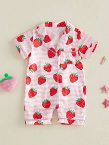Satin Footless Pajamas Fashionable Strawberry Printed Short Sleeve Button Down Romper - 彩色 - 查看 6