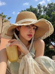 1 Chiếc mũ đi biển dành cho nữ, mũ rơm đan rỗng mùa hè dùng để chống nắng khi đi du lịch, mũ vành rộng đi biển, mũ rơm gấp gọn. - Nhiều màu - Xem 6