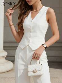 DONICY Áo vest cổ chữ V màu trắng, áo blazer không tay dành cho nữ, áo gile ôm dáng thanh lịch với túi nắp, áo công sở thời trang. - trắng - Xem 6