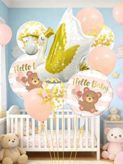 9件套婴儿主题气球套装，含大型鹳鸟铝箔气球，18英寸圆形婴儿主题气球，适用于婴儿派对、性别揭晓派对、生日派对、家居装饰