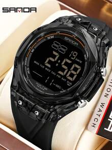 SANDA 6289 男士电子防水手表 多功能运动 LED 发光闹钟 男士计时器 数字腕表 - 黑色 - 查看 1