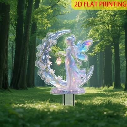 2D扁平月亮仙女花园插地灯，1个装 - 室内/室外装饰灯，无需电源，轻质塑料材质，花卉蝴蝶图案，是万圣节、圣诞节、复活节和阵亡将士纪念日的理想装饰，也适用于花园、草坪、栅栏或墓地。