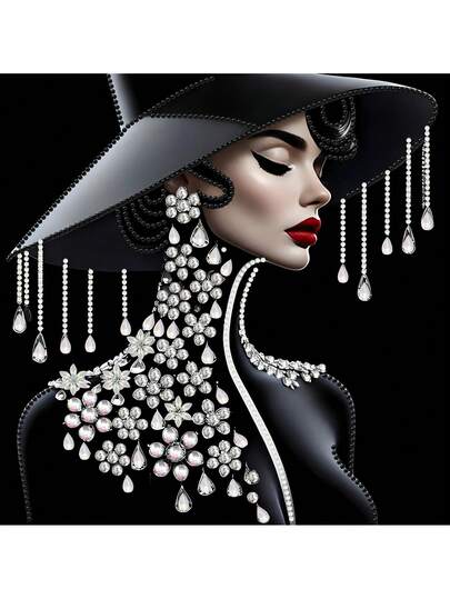 奢华钻石女孩黑白时尚风钻石画套装，轻奢艺术钻石画，DIY钻石画，部分镶嵌不对称钻石，可独立完成或作为手工礼物赠送亲朋好友，适用于客厅、卧室、书房等家居装饰（30厘米/11.8英寸 x 30厘米/11.8英寸）。新款钻石画，创意爱好，墙面艺术装饰，社交名人美学，优雅设计，高品质，精湛工艺，DIY手工套装，装饰画，手工爱好者，业余爱好者的理想之选。