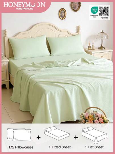 3 قطع/4 قطع طقم غطاء فرشة من البوليستر الشعيري (1 ملاية مطاطية + 1 ملاية مسطحة + 1/2 غطاء وسادة)، مناسب لجيب عميق من 9-12 بوصة، مقاوم للانكماش، مناسب للتوين/فول/كوين، أخضر فاتح، معتمد من أوكو-تكس