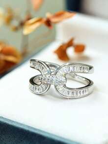 1枚女士闪亮几何开口戒指，镶嵌合成锆石，优雅婚礼及派对珠宝，永不过时的全年奢华之选（无包装盒） - 銀色 - 查看 2