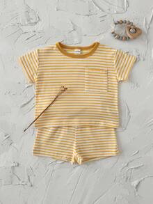 2pcs/Set Newborn Baby Boys/Girls Striped Short Sleeve Top And Shorts Set, Summer - Yellow - View 7