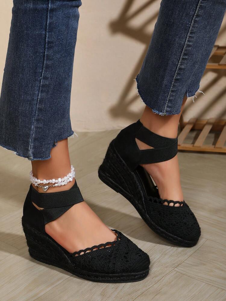 Women's Criss-Cross Elastic Mesh Floral Velvet Rope Casual Wedge Shoes - Black - View 8
