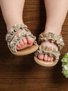 0-18 Months Infant Girls Glitter Ruffle Sandals | 2-Strap Infant Shoes | Non-Slip Soft Bottom Toddler Sandals, Suitable For Summer Beach And Special Occasions - Gold - View 2