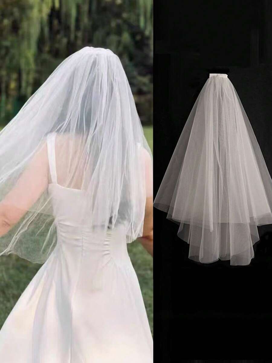 A Double Layered New Bridal Wedding Dress Headpiece High-End Simple French Concert Veil - White - View 1