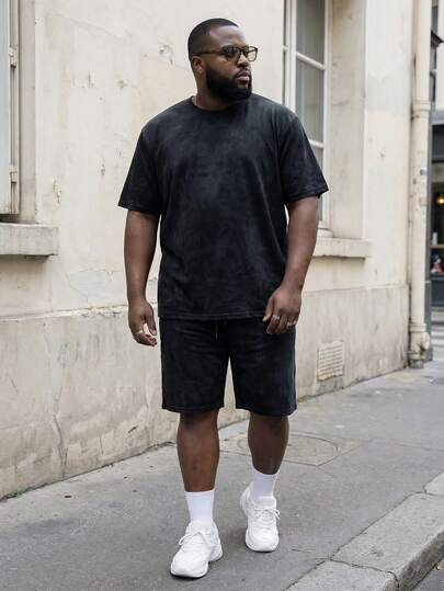 Bộ đồ thể thao nam cỡ lớn, chất liệu lụa băng nhuộm tie-dye, tay ngắn và quần short có dây rút, gồm 2 mảnh, thích hợp cho mùa hè.